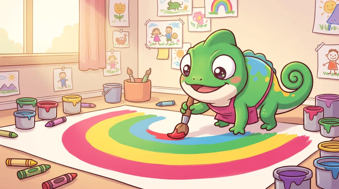 Little Artist — Rangi the chameleon painting a rainbow in a sunny art studio