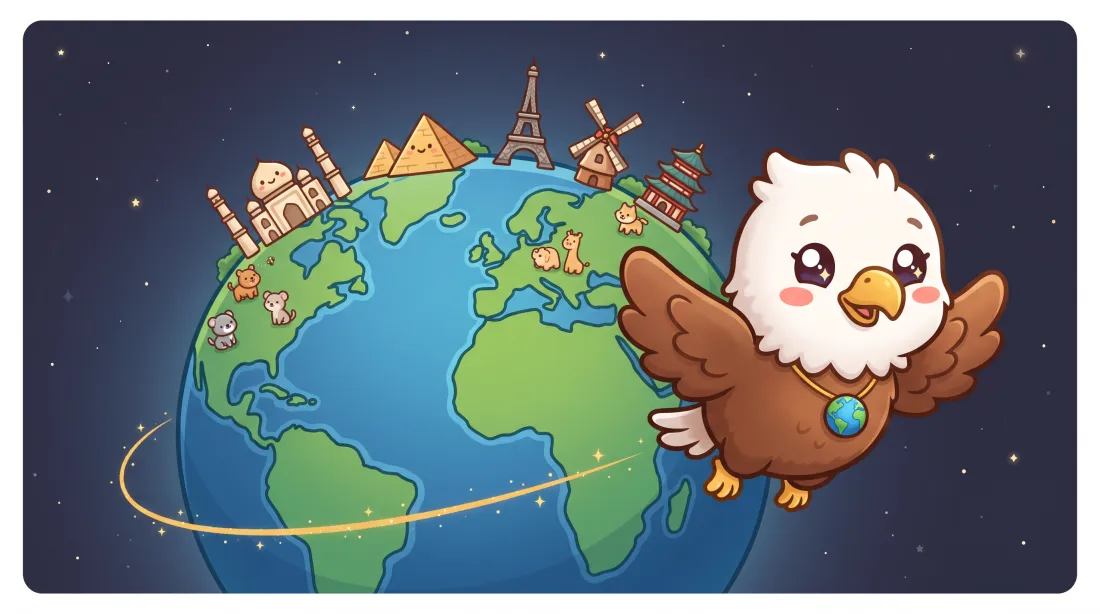 My First Atlas — Suki the eagle chick flying around a globe dotted with world wonders