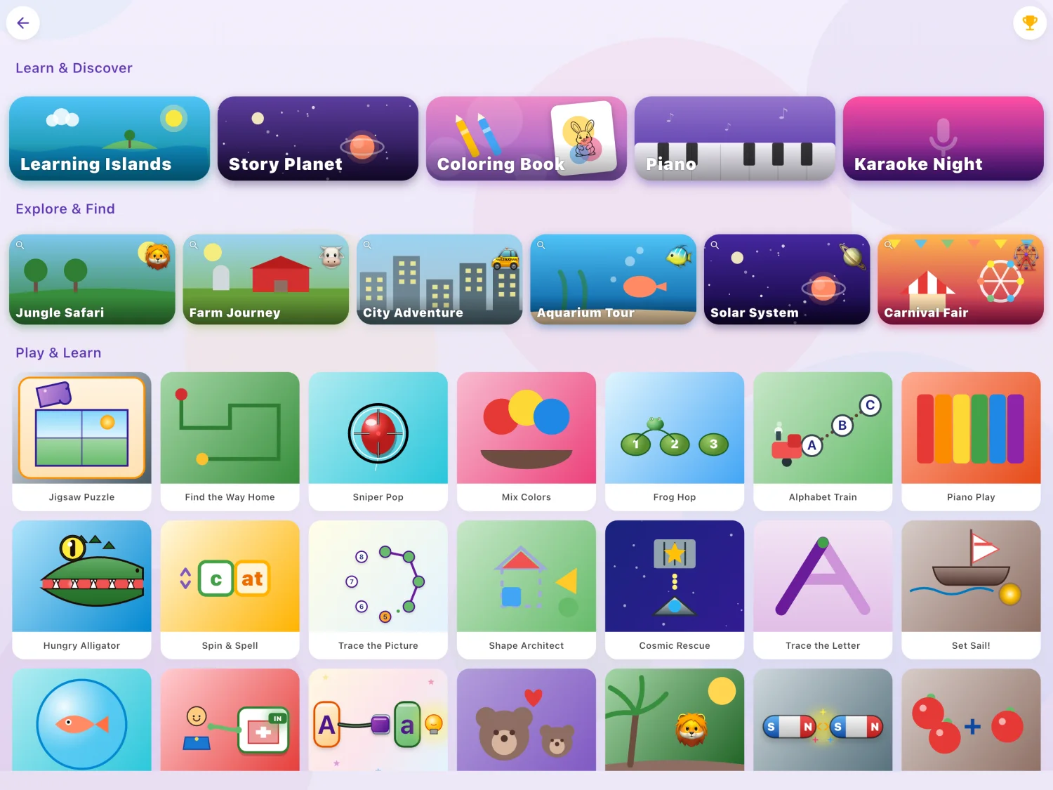 Preschool & Toddler Kids Games running on an iPad, showing the tablet-optimized game library