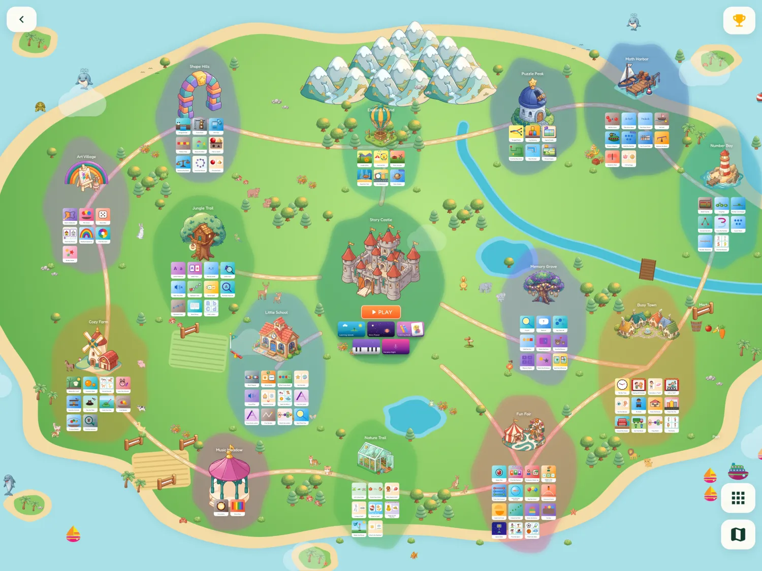 Kindergarten Learning Games 5+ on an iPad, showing the explorable kingdom map