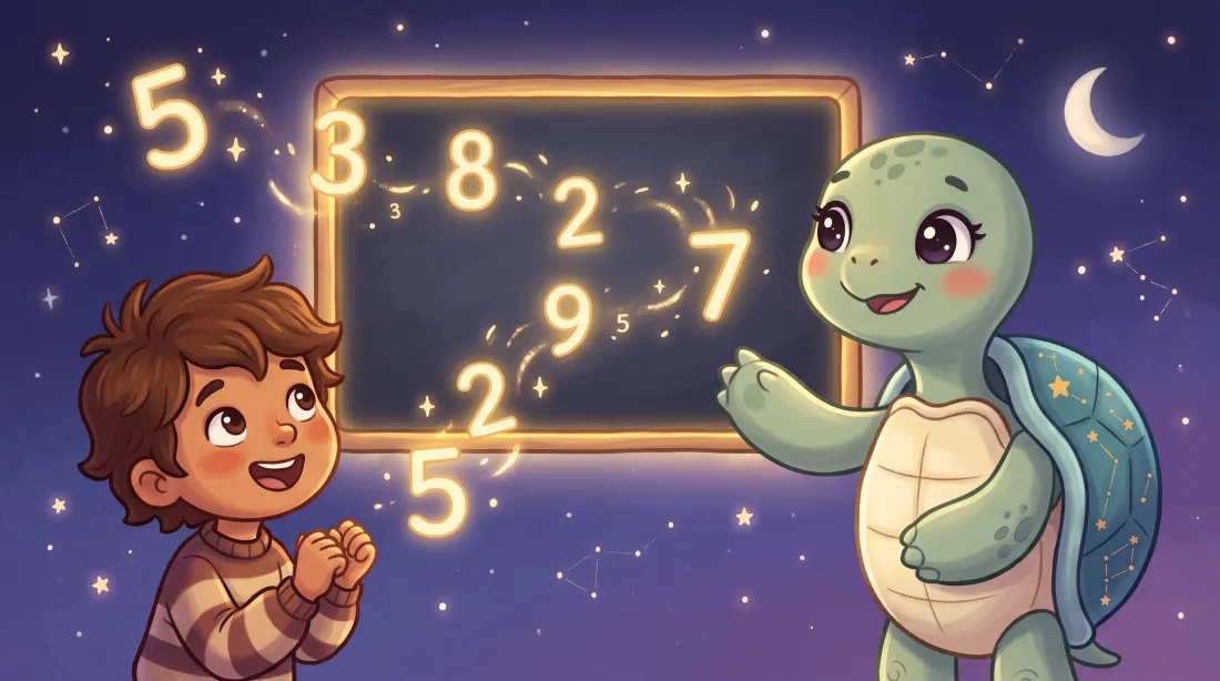 Shanti the turtle teaching a child mental-maths tricks as glowing numbers drift from a chalkboard